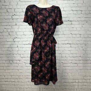 VTG Sheena Black Floral Elastic Waist Short Sleeve Midi Dress USA Size 11/12